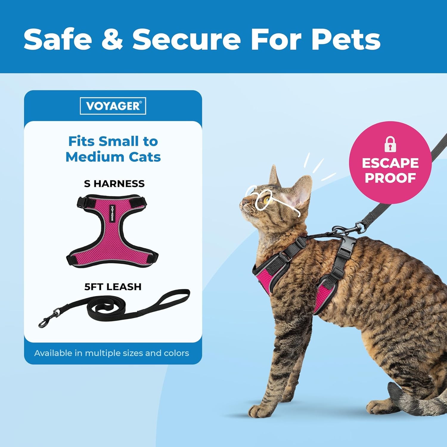 image:imageVoyager EscapeProof Stepin Lock Cat Harness amp 5ft NeopreneHandle Leash Set AllWeather Mesh with Reflective Stitching for Small to Large Cats by Best Pet Supplies Lavender 327 XXSBlack TrimFuchsia 327