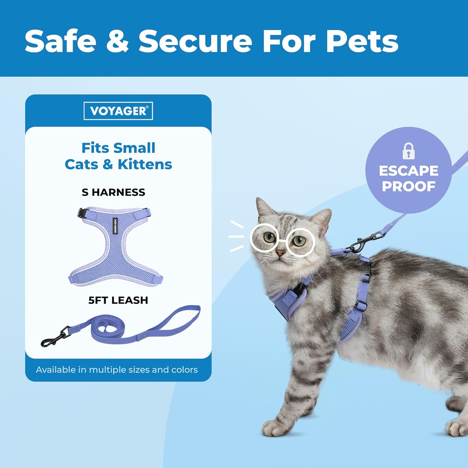 image:imageVoyager EscapeProof Stepin Lock Cat Harness amp 5ft NeopreneHandle Leash Set AllWeather Mesh with Reflective Stitching for Small to Large Cats by Best Pet Supplies Lavender 327 XXSLavender
