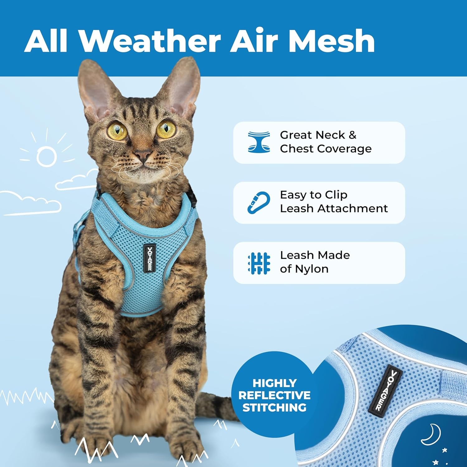 image:imageVoyager EscapeProof Stepin Lock Cat Harness amp 5ft NeopreneHandle Leash Set AllWeather Mesh with Reflective Stitching for Small to Large Cats by Best Pet Supplies Lavender 327 XXSBaby Blue 327