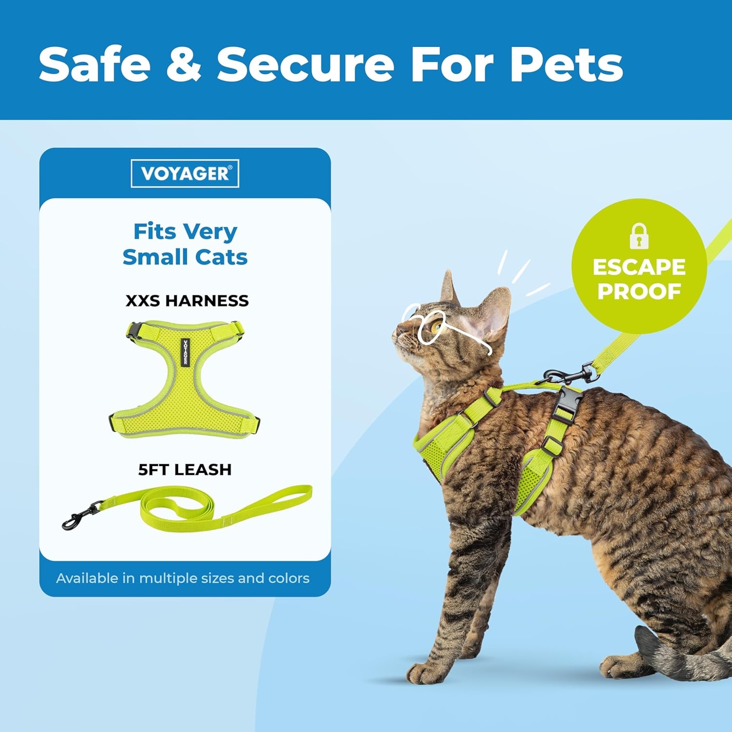 image:imageVoyager EscapeProof Stepin Lock Cat Harness amp 5ft NeopreneHandle Leash Set AllWeather Mesh with Reflective Stitching for Small to Large Cats by Best Pet Supplies Lavender 327 XXSLime 327