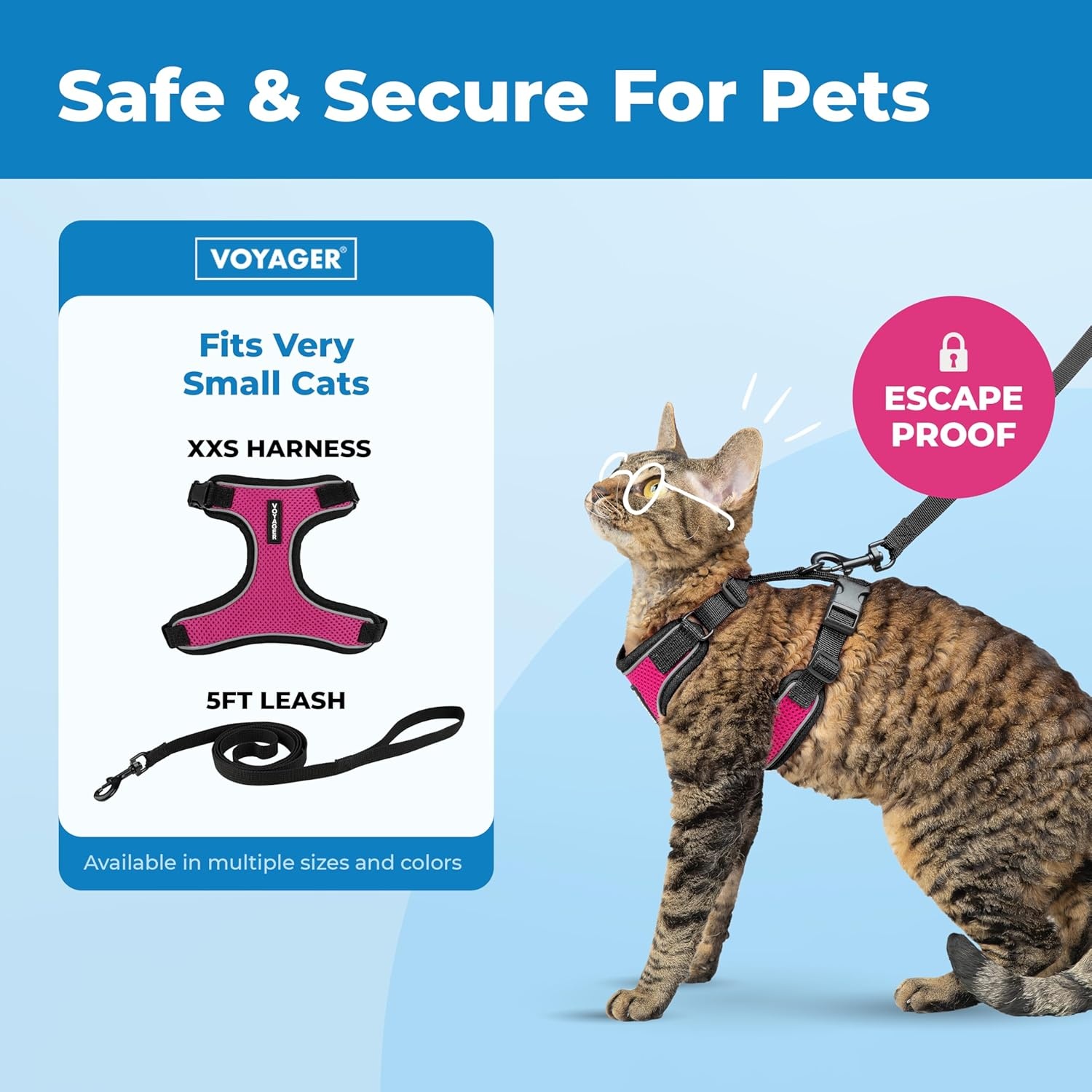 image:imageVoyager EscapeProof Stepin Lock Cat Harness amp 5ft NeopreneHandle Leash Set AllWeather Mesh with Reflective Stitching for Small to Large Cats by Best Pet Supplies Lavender 327 XXSBlack TrimFuchsia 327
