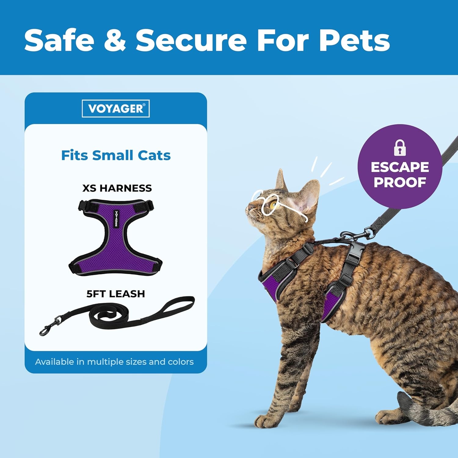 image:imageVoyager EscapeProof Stepin Lock Cat Harness amp 5ft NeopreneHandle Leash Set AllWeather Mesh with Reflective Stitching for Small to Large Cats by Best Pet Supplies Lavender 327 XXSBlack TrimPurple 327