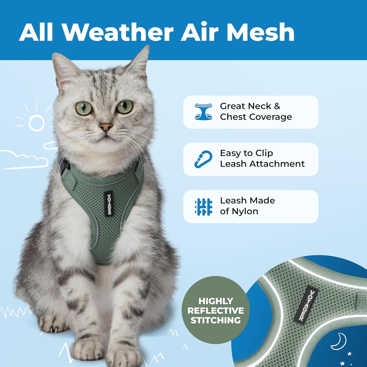 image:imageVoyager EscapeProof Stepin Lock Cat Harness amp 5ft NeopreneHandle Leash Set AllWeather Mesh with Reflective Stitching for Small to Large Cats by Best Pet Supplies Lavender 327 XXSMoss Green