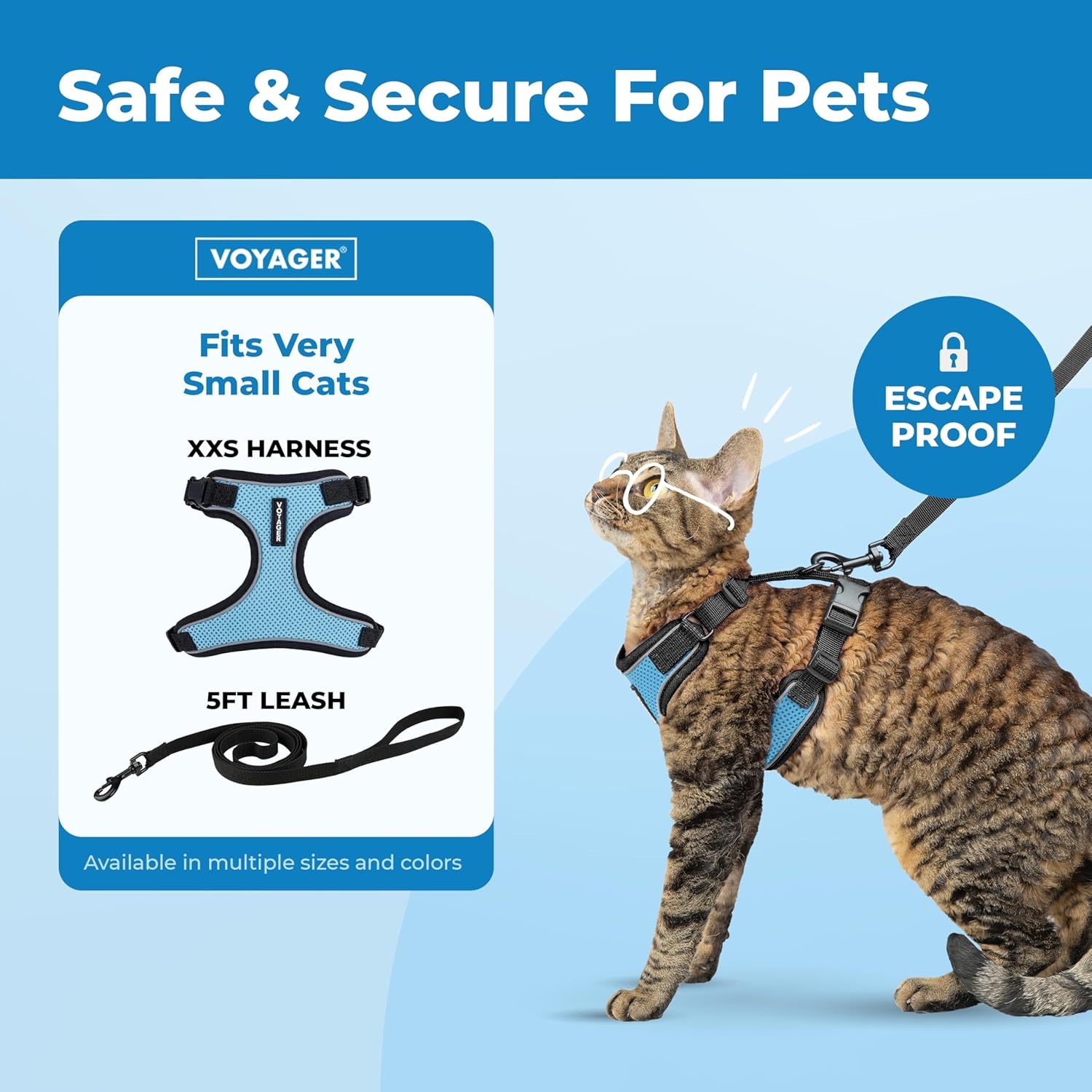 image:imageVoyager EscapeProof Stepin Lock Cat Harness amp 5ft NeopreneHandle Leash Set AllWeather Mesh with Reflective Stitching for Small to Large Cats by Best Pet Supplies Lavender 327 XXSBlack TrimBaby Blue 327