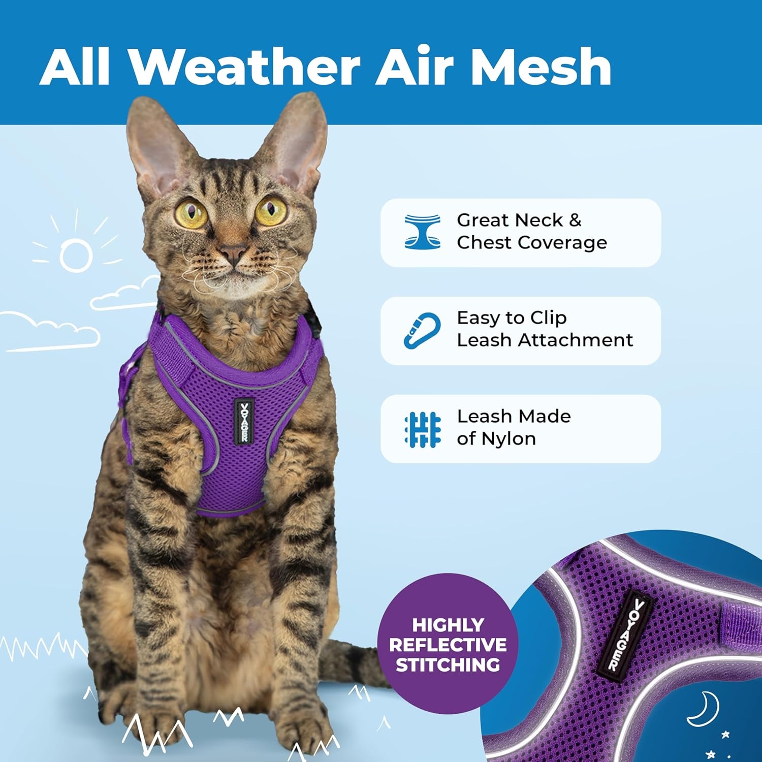 image:imageVoyager EscapeProof Stepin Lock Cat Harness amp 5ft NeopreneHandle Leash Set AllWeather Mesh with Reflective Stitching for Small to Large Cats by Best Pet Supplies Lavender 327 XXSPurple 327