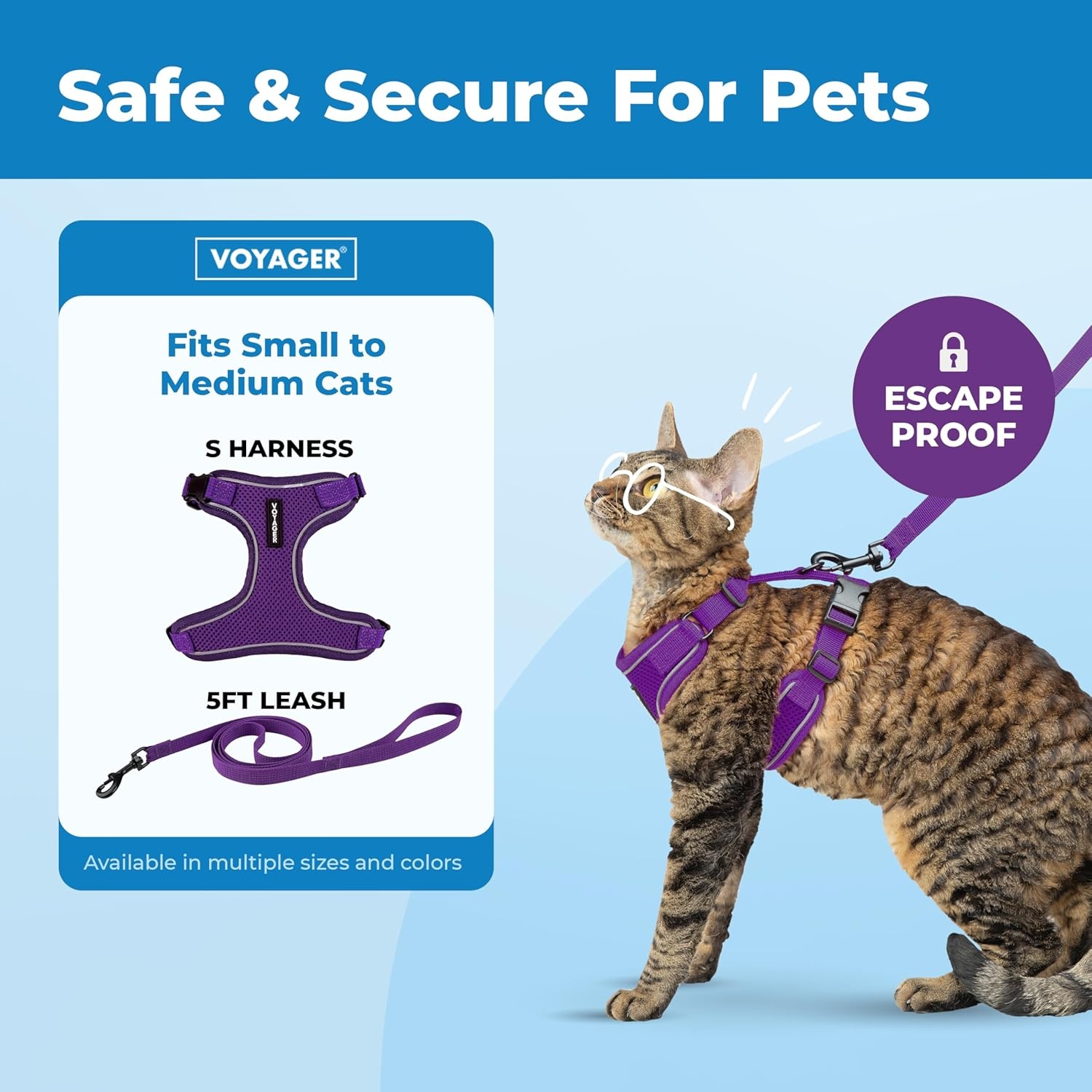 image:imageVoyager EscapeProof Stepin Lock Cat Harness amp 5ft NeopreneHandle Leash Set AllWeather Mesh with Reflective Stitching for Small to Large Cats by Best Pet Supplies Lavender 327 XXSPurple 327