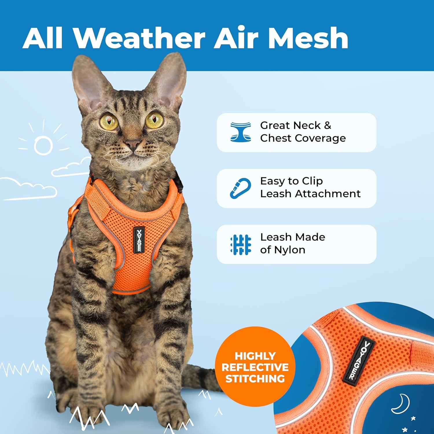 image:imageVoyager EscapeProof Stepin Lock Cat Harness amp 5ft NeopreneHandle Leash Set AllWeather Mesh with Reflective Stitching for Small to Large Cats by Best Pet Supplies Lavender 327 XXSOrange 327