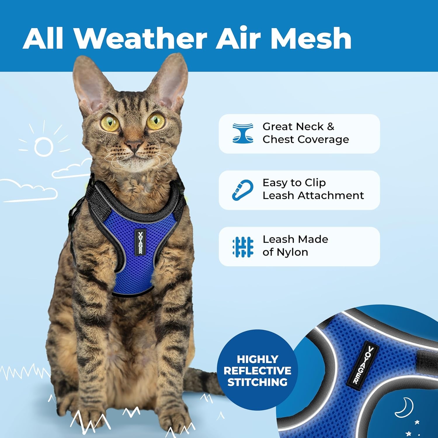 image:imageVoyager EscapeProof Stepin Lock Cat Harness amp 5ft NeopreneHandle Leash Set AllWeather Mesh with Reflective Stitching for Small to Large Cats by Best Pet Supplies Lavender 327 XXSBlack TrimRoyal Blue 327