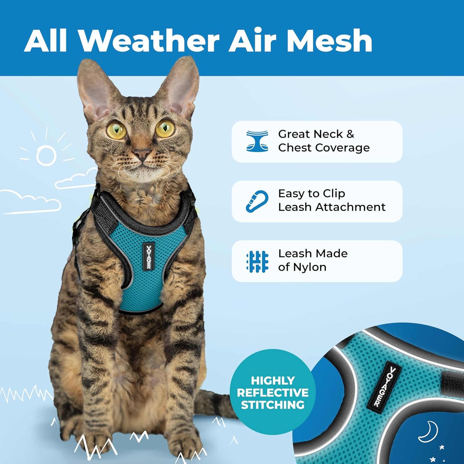 image:imageVoyager EscapeProof Stepin Lock Cat Harness amp 5ft NeopreneHandle Leash Set AllWeather Mesh with Reflective Stitching for Small to Large Cats by Best Pet Supplies Lavender 327 XXSBlack TrimTurquoise 327