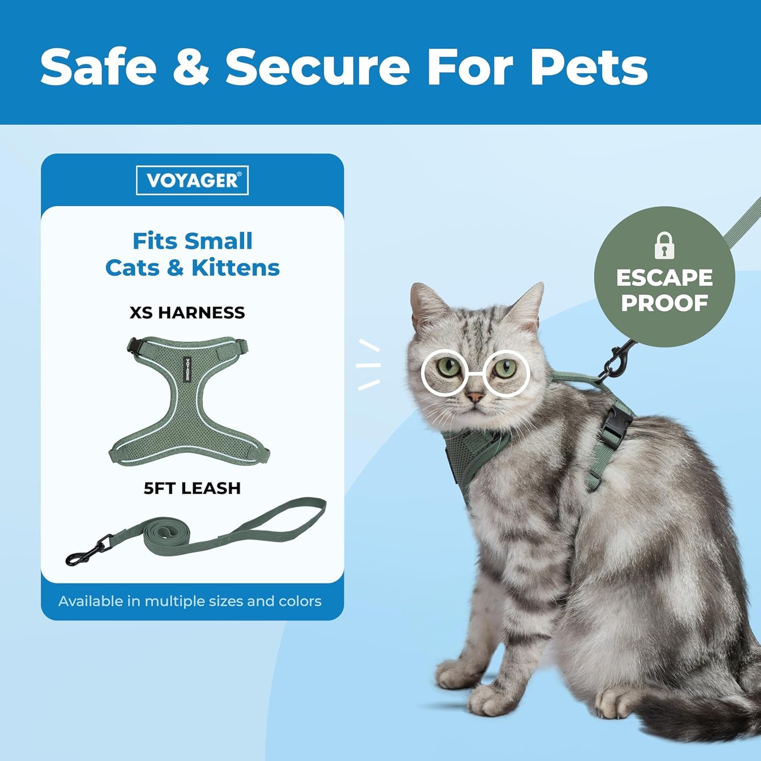 image:imageVoyager EscapeProof Stepin Lock Cat Harness amp 5ft NeopreneHandle Leash Set AllWeather Mesh with Reflective Stitching for Small to Large Cats by Best Pet Supplies Lavender 327 XXSMoss Green