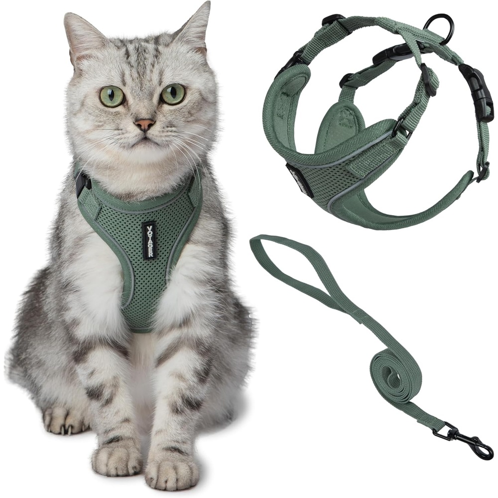 image:imageVoyager EscapeProof Stepin Lock Cat Harness amp 5ft NeopreneHandle Leash Set AllWeather Mesh with Reflective Stitching for Small to Large Cats by Best Pet Supplies Lavender 327 XXSMoss Green