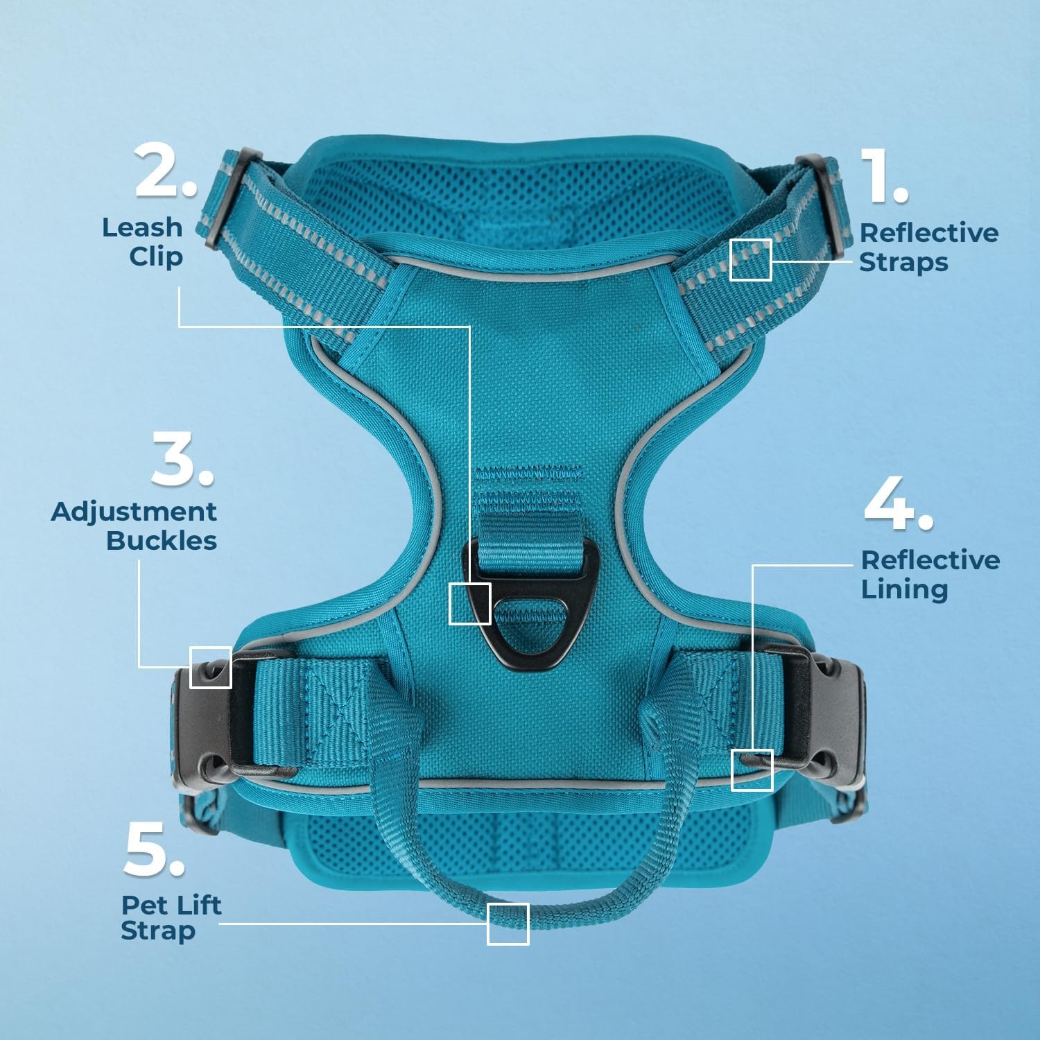 image:imageVoyager Dog Harness Dual Leash Attachment NoPull Control Adjustable Soft but Strong Pet Harness for Medium and Large Dogs with 3M Reflective Technology Leash Set Red Nylon M Chest 2025Turquoise Nylon