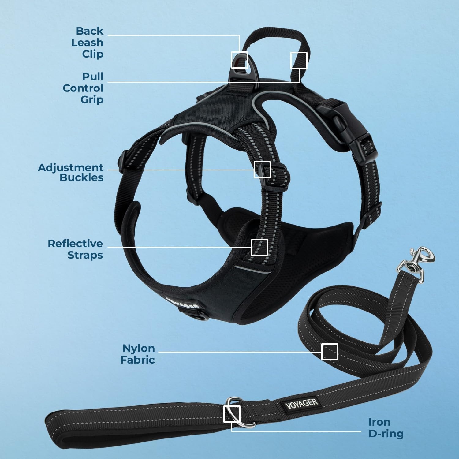 image:imageVoyager Dog Harness Dual Leash Attachment NoPull Control Adjustable Soft but Strong Pet Harness for Medium and Large Dogs with 3M Reflective Technology Leash Set Red Nylon M Chest 2025Leash Set Black Nylon