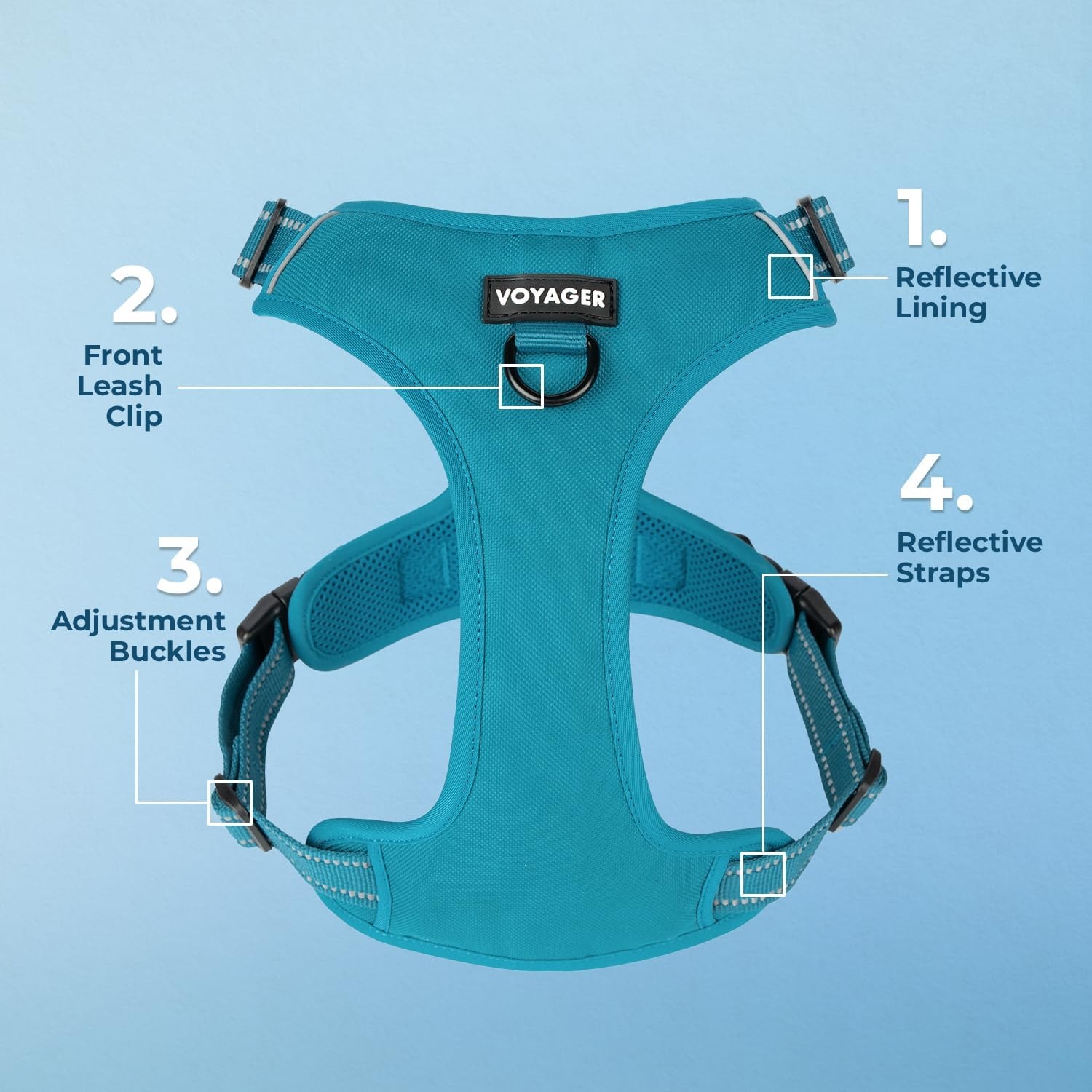 image:imageVoyager Dog Harness Dual Leash Attachment NoPull Control Adjustable Soft but Strong Pet Harness for Medium and Large Dogs with 3M Reflective Technology Leash Set Red Nylon M Chest 2025Turquoise Nylon