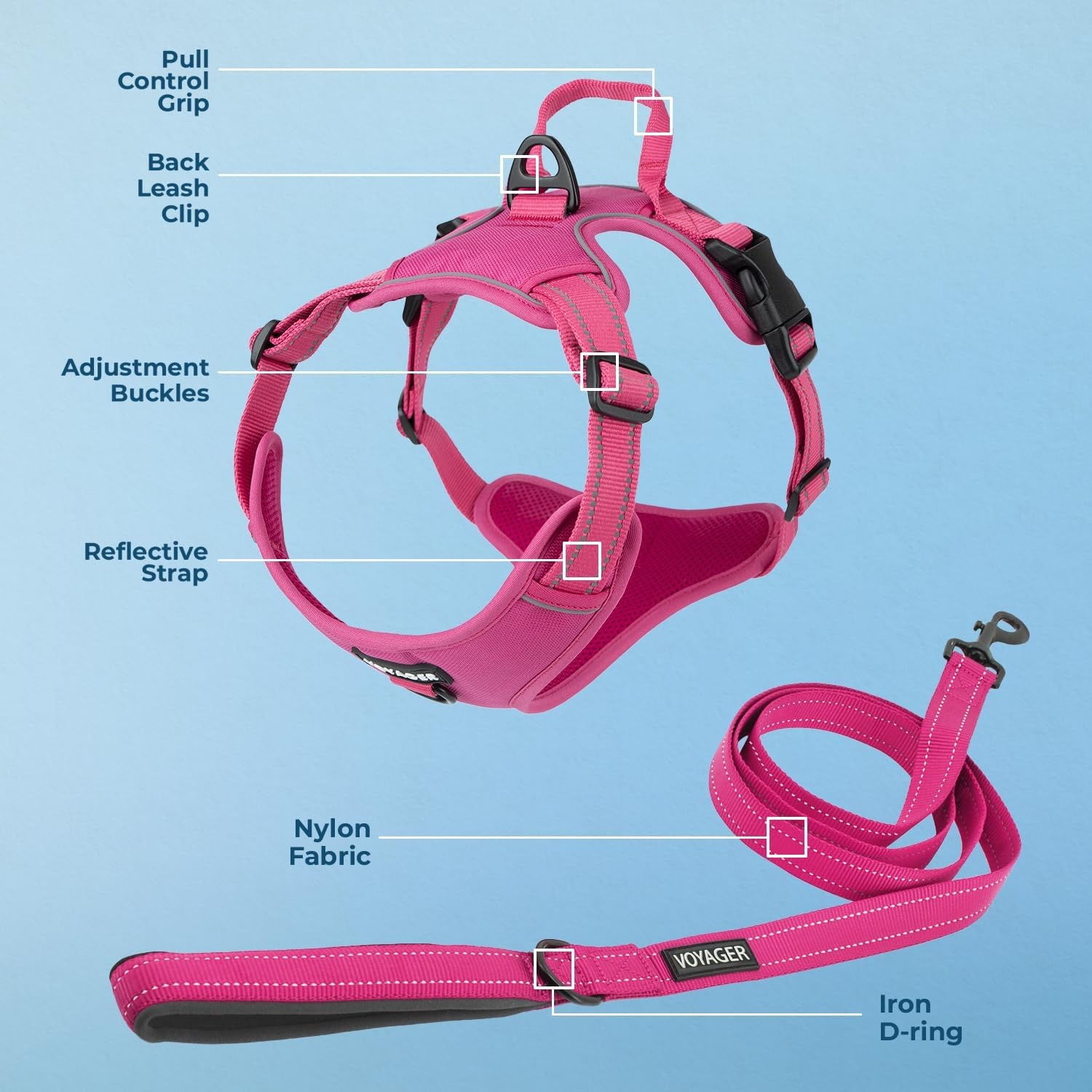 image:imageVoyager Dog Harness Dual Leash Attachment NoPull Control Adjustable Soft but Strong Pet Harness for Medium and Large Dogs with 3M Reflective Technology Leash Set Red Nylon M Chest 2025Leash Set Fuchsia Nylon