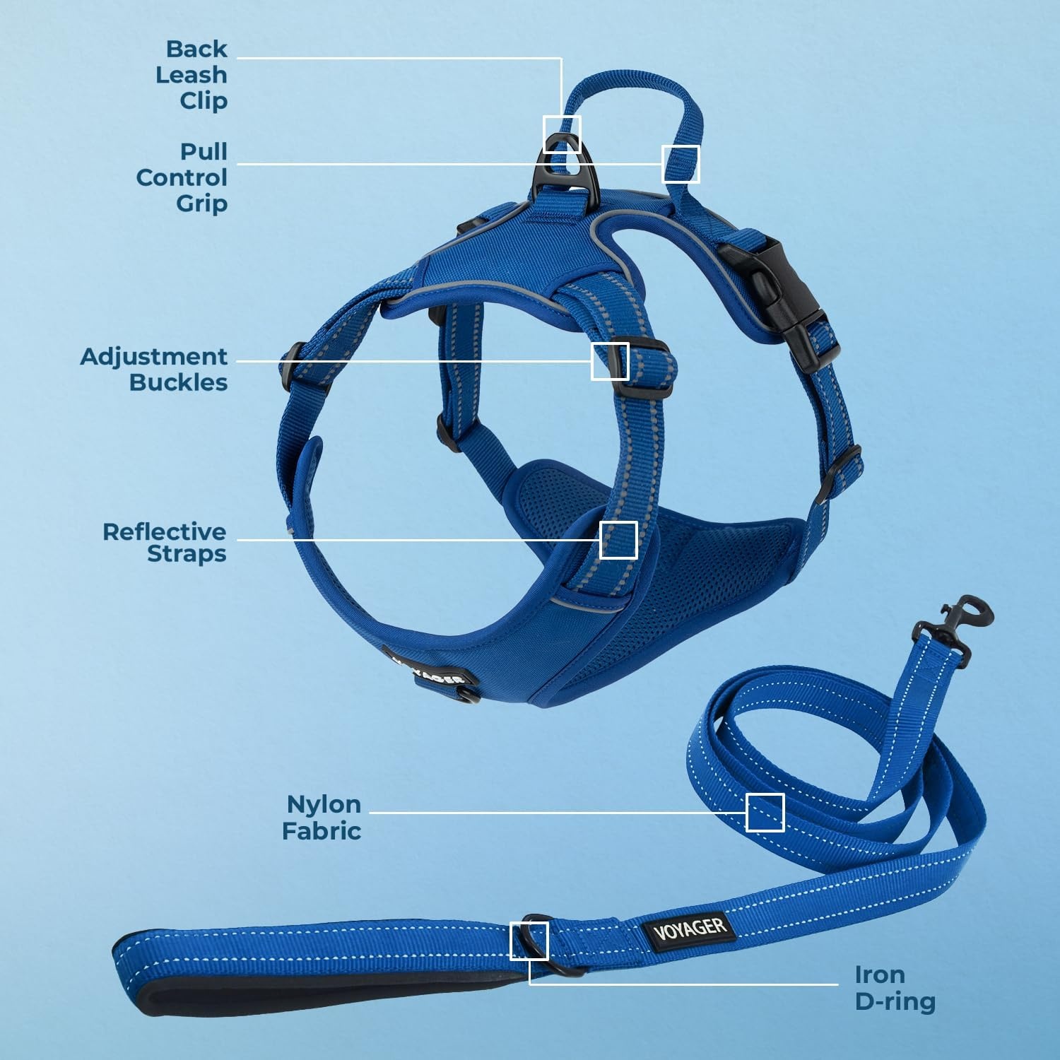 image:imageVoyager Dog Harness Dual Leash Attachment NoPull Control Adjustable Soft but Strong Pet Harness for Medium and Large Dogs with 3M Reflective Technology Leash Set Red Nylon M Chest 2025Leash Set Royal Nylon
