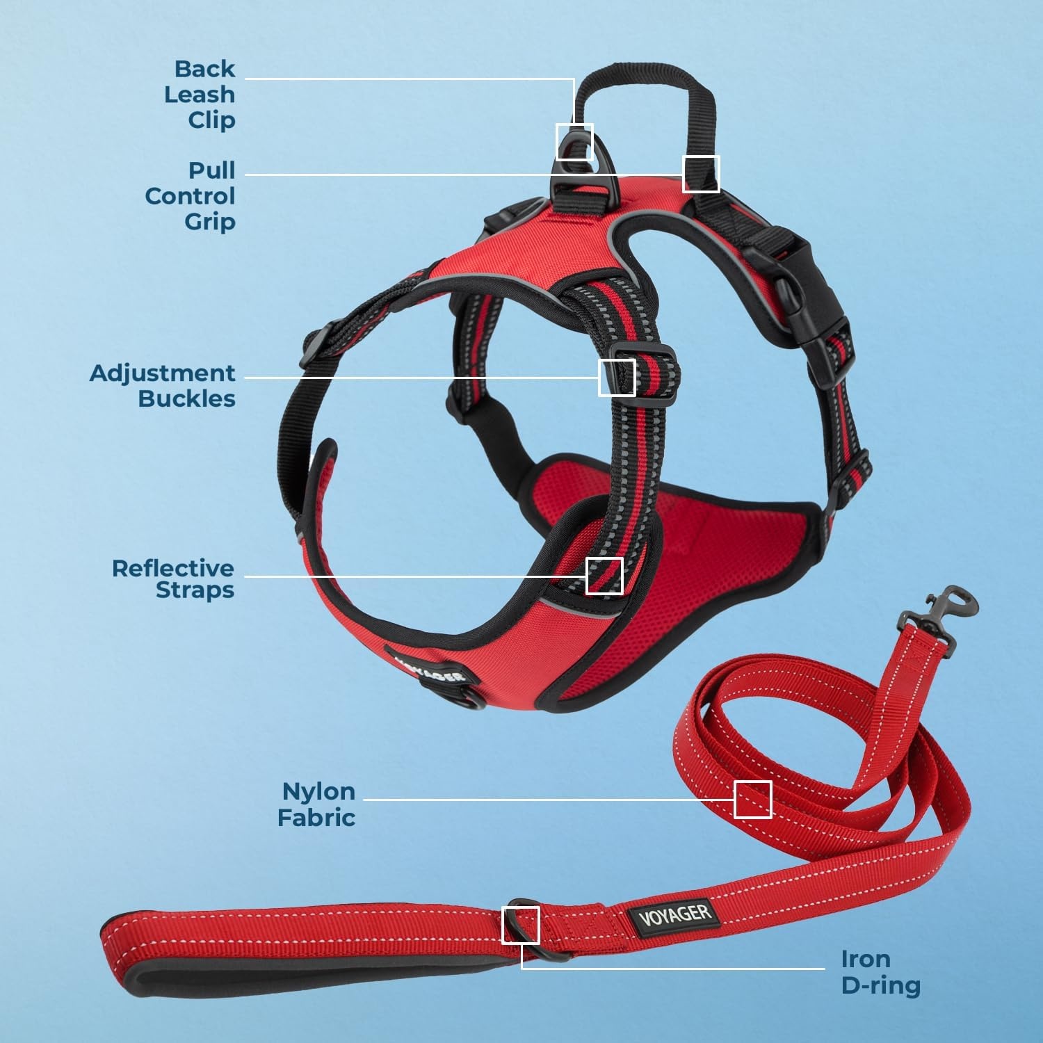 image:imageVoyager Dog Harness Dual Leash Attachment NoPull Control Adjustable Soft but Strong Pet Harness for Medium and Large Dogs with 3M Reflective Technology Leash Set Red Nylon M Chest 2025Leash Set Red Nylon