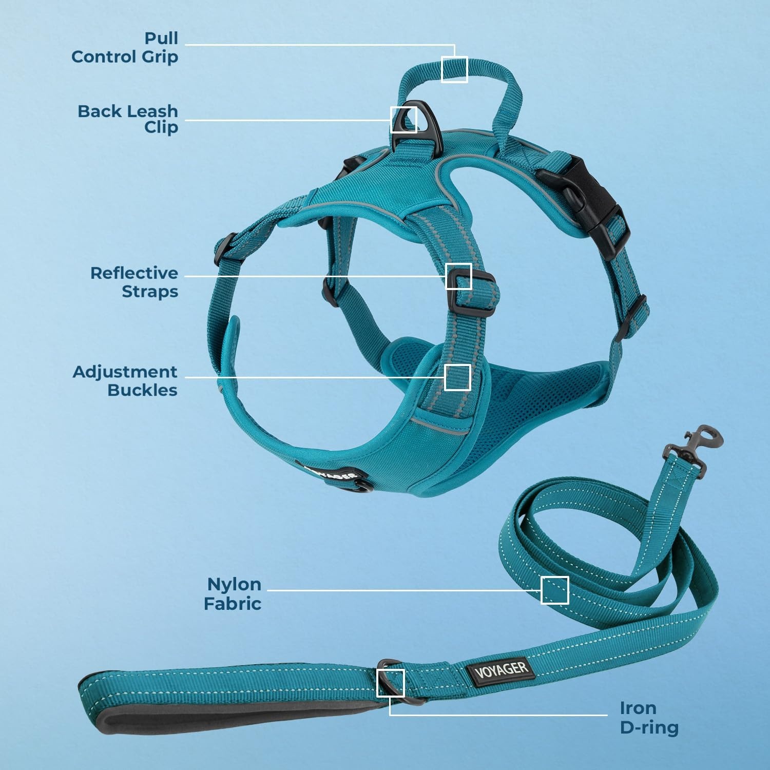 image:imageVoyager Dog Harness Dual Leash Attachment NoPull Control Adjustable Soft but Strong Pet Harness for Medium and Large Dogs with 3M Reflective Technology Leash Set Red Nylon M Chest 2025Leash Set Turquoise Nylon