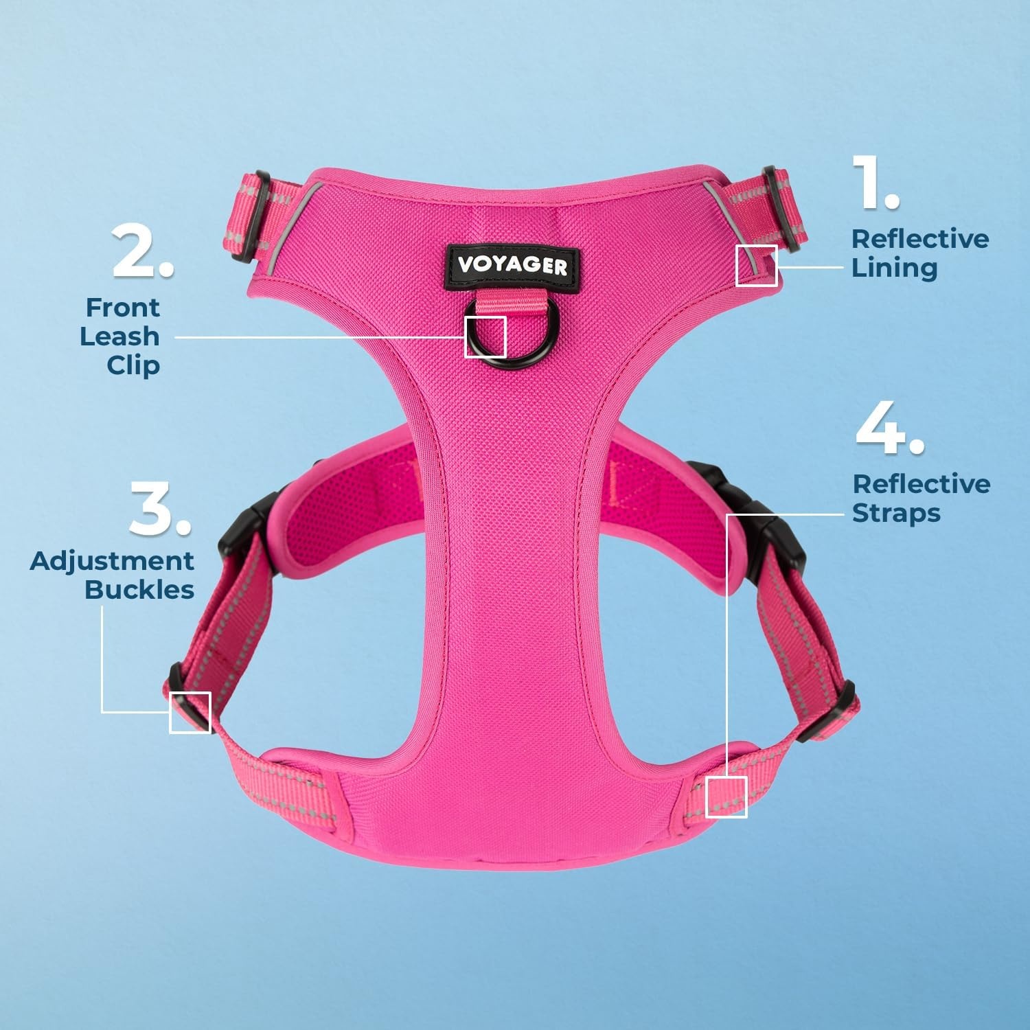 image:imageVoyager Dog Harness Dual Leash Attachment NoPull Control Adjustable Soft but Strong Pet Harness for Medium and Large Dogs with 3M Reflective Technology Leash Set Red Nylon M Chest 2025Leash Set Fuchsia Nylon