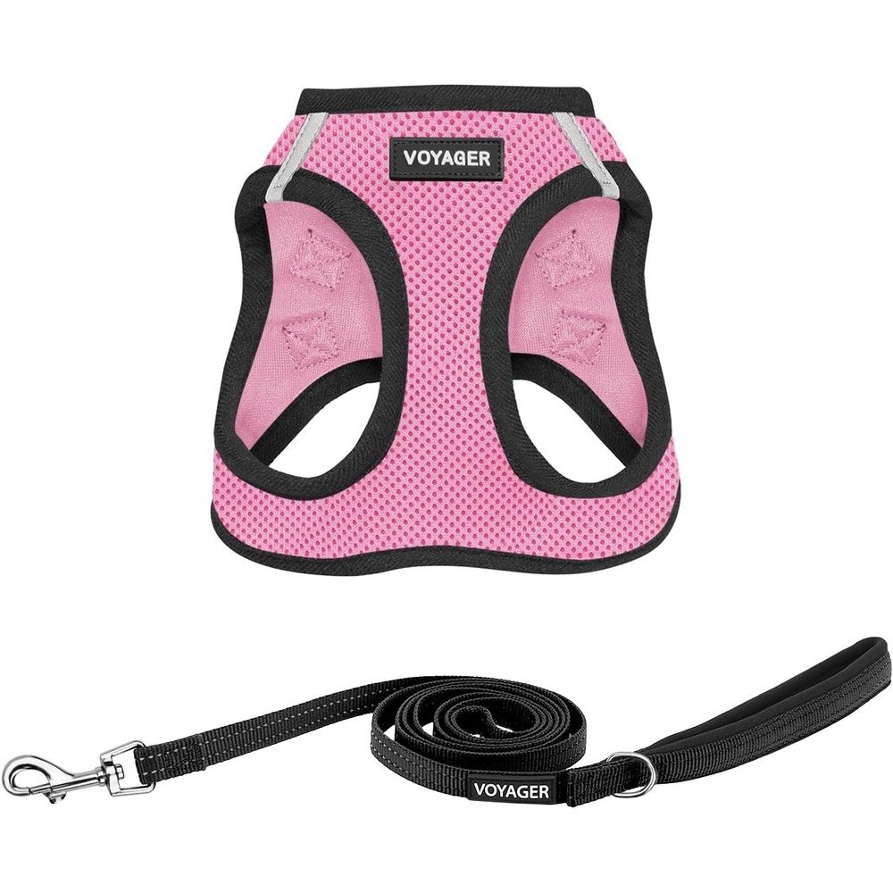 image:imageBest Pet Supplies Voyager Stepin Air All Weather Mesh Harness and Reflective Dog 5ft Leash Combo with Neoprene Handle for Small Medium and Large Breed Puppies OrangeBlack Trim SmallPink Base